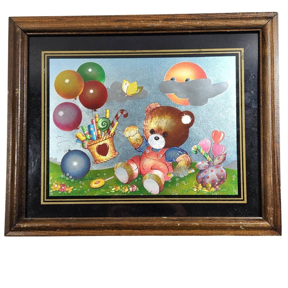 Dufex Foil Tin Metal Wall Art Picture Teddy Bear Party With Balloons - Unsigned